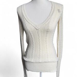 Y2K Rare Vintage Abercrombie & Fitch Cream Cable Knit V-neck Sweater Size S 15%